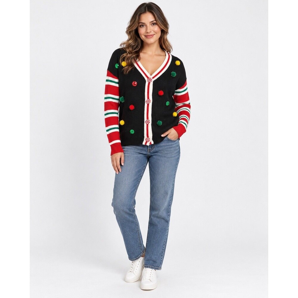 Allison Brittney Christmas Ugly Sweater Women’s M Striped Button-Front Cardigan